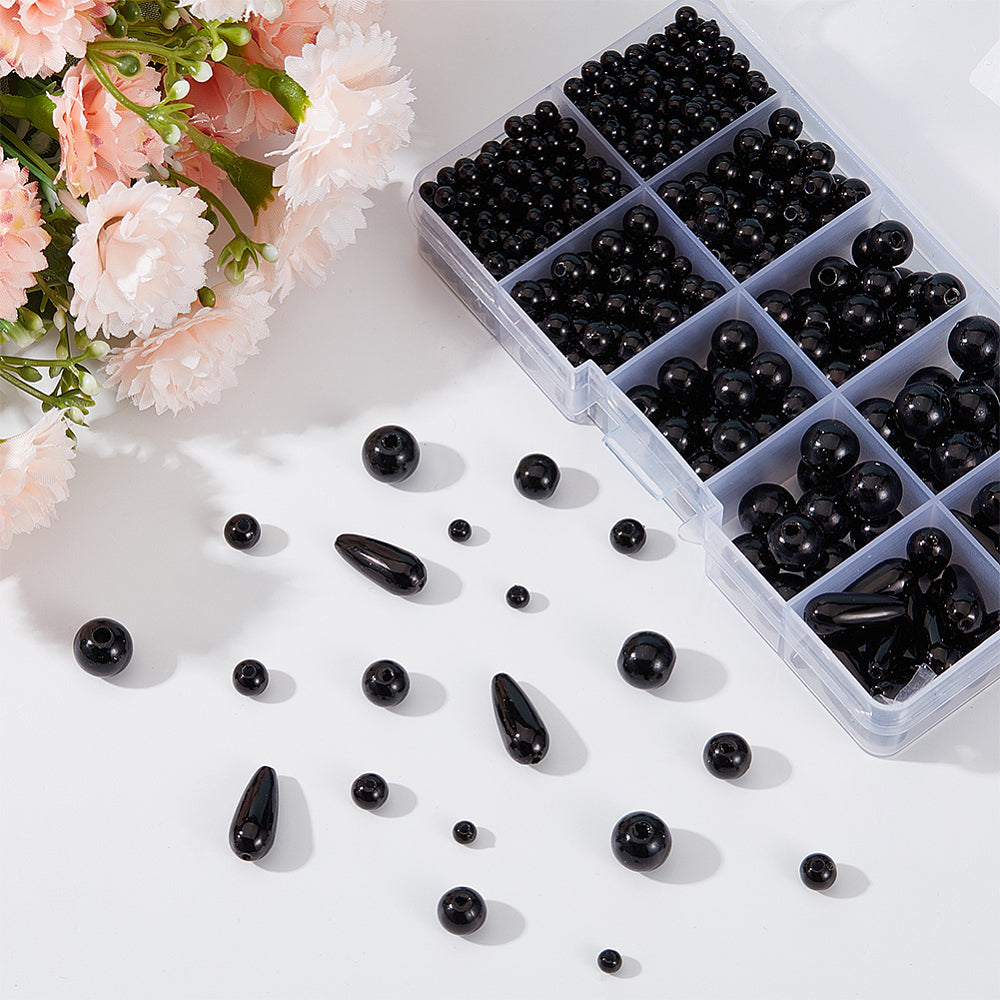 700pcs black imitation pearl beads box, 4-17mm acrylic, round & teardrops