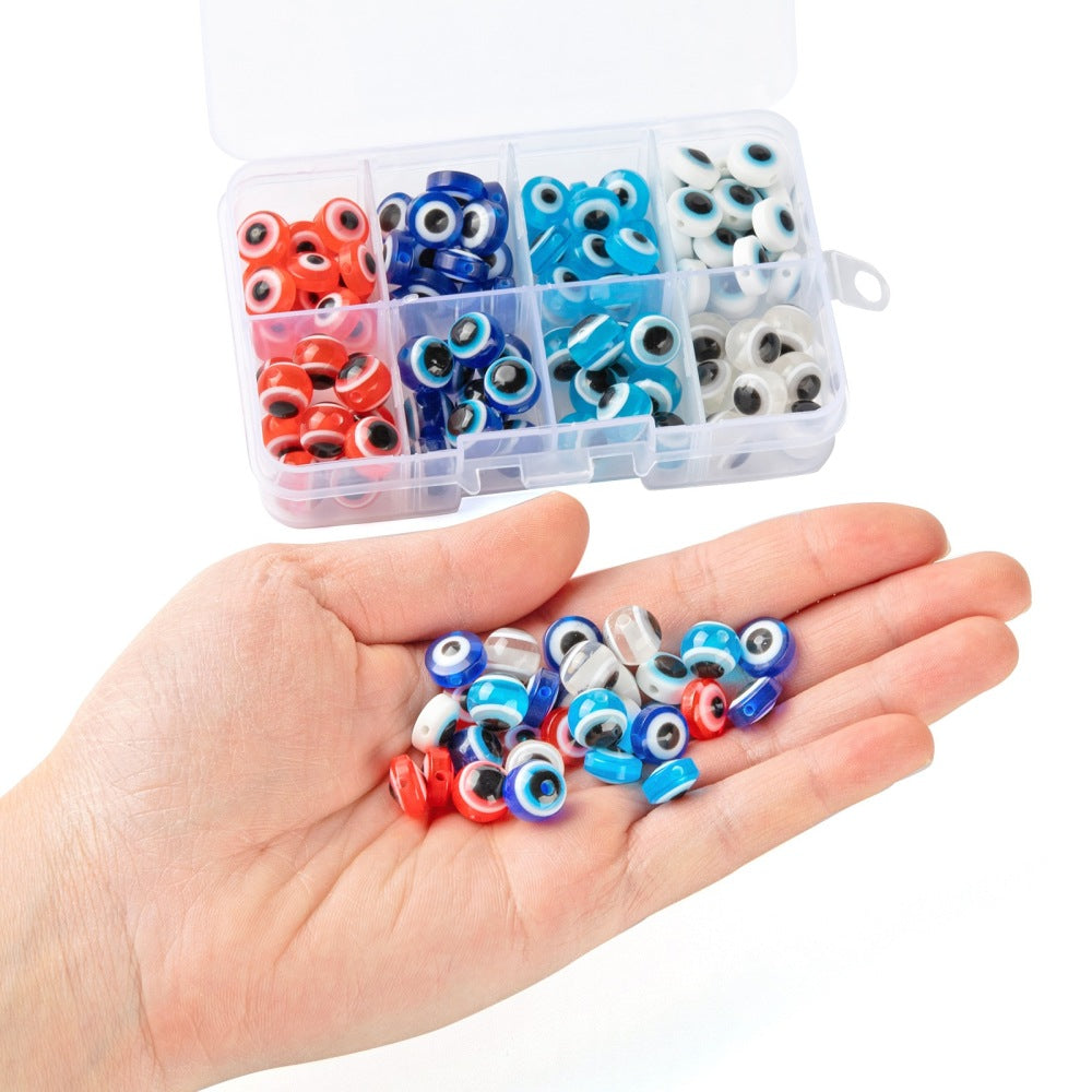 128pcs EVIL EYE 10mm beads in a storage box, round and flat - mixed colours