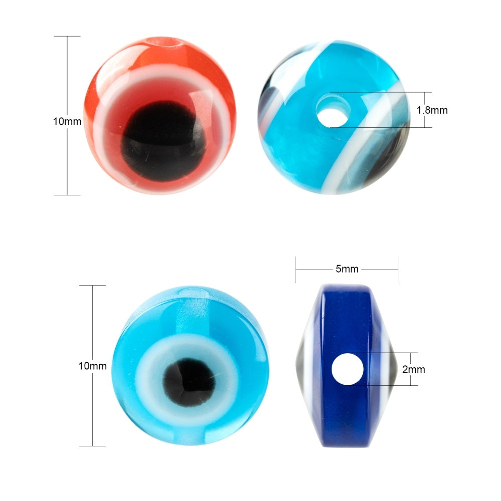 128pcs EVIL EYE 10mm beads in a storage box, round and flat - mixed colours