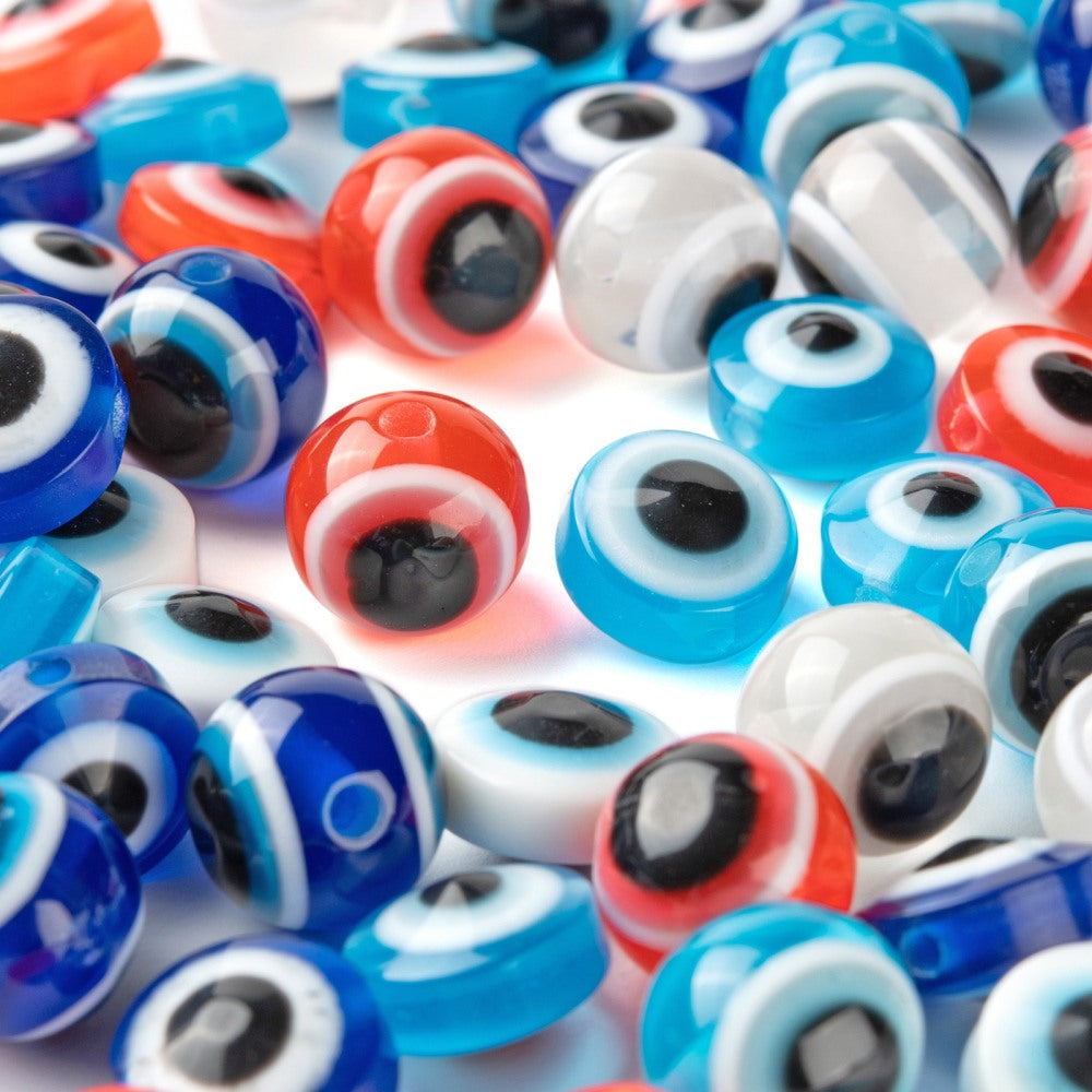 128pcs EVIL EYE 10mm beads in a storage box, round and flat - mixed colours
