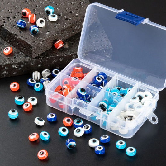 128pcs EVIL EYE 10mm beads in a storage box, round and flat - mixed colours
