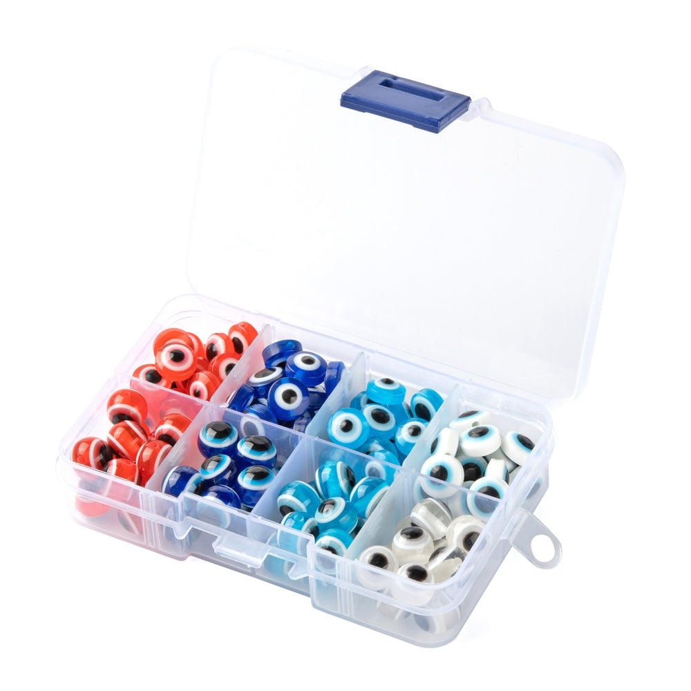 128pcs EVIL EYE 10mm beads in a storage box, round and flat - mixed colours