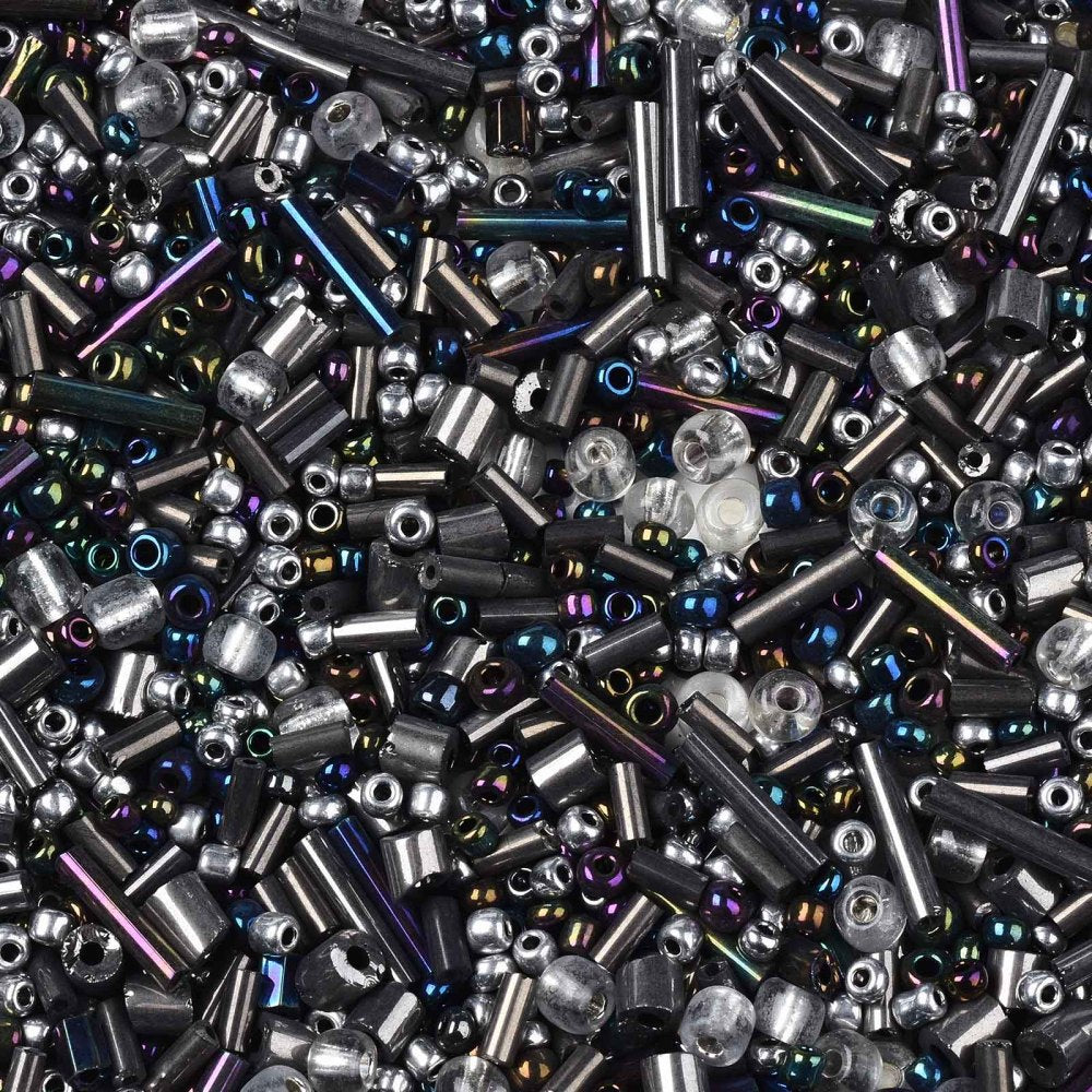 50g - 1kg Seed & bugle mixes - MIDNIGHT mix, 1mm~7mm glass beads - black, silver, iris
