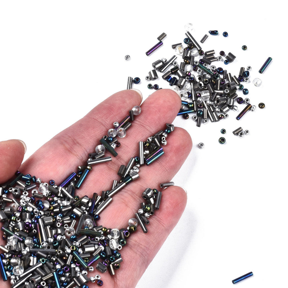 50g - 1kg Seed & bugle mixes - MIDNIGHT mix, 1mm~7mm glass beads - black, silver, iris