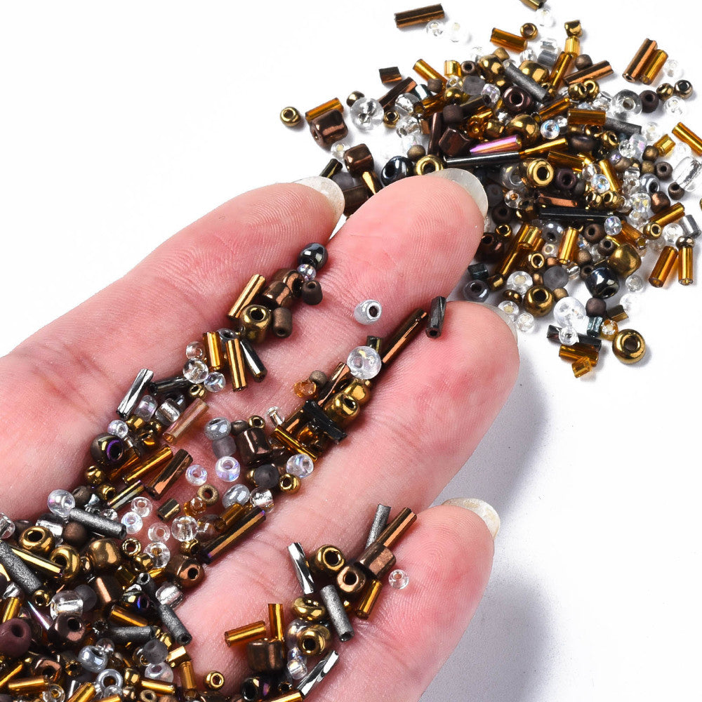 50g - 1kg Seed & bugle mixes - GOLDENROD mix, 1mm~7mm glass beads - brown, coconut, clear
