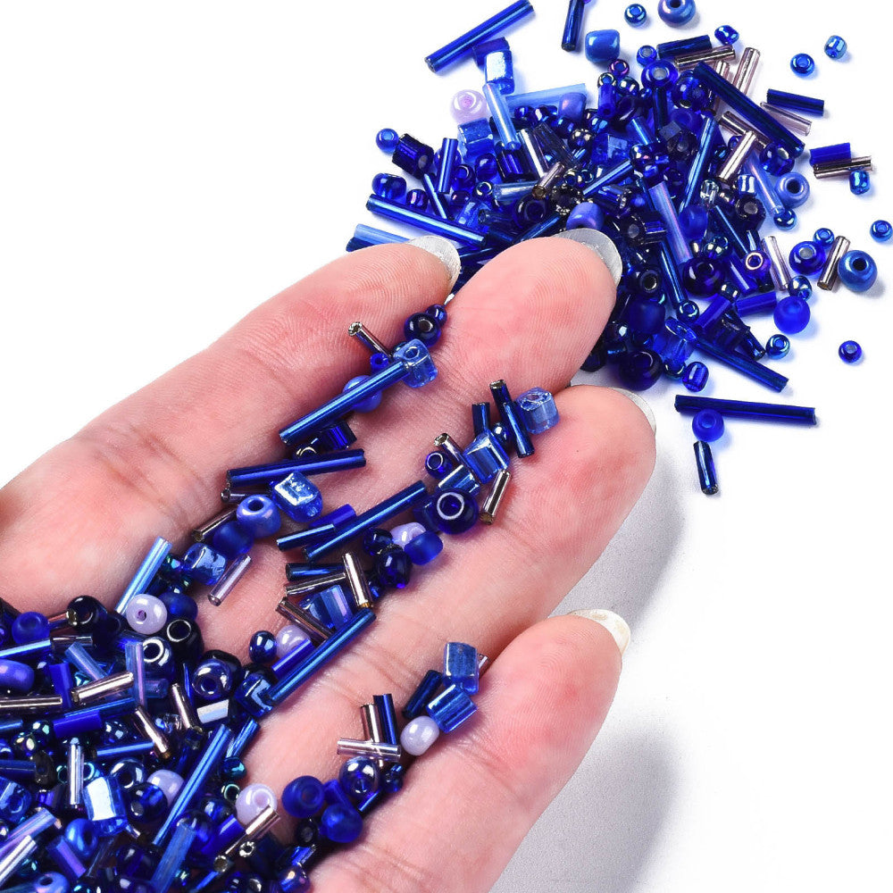 50g - 1kg Seed & bugle mixes - Ocean mix, 1mm~7mm glass beads - blue, white