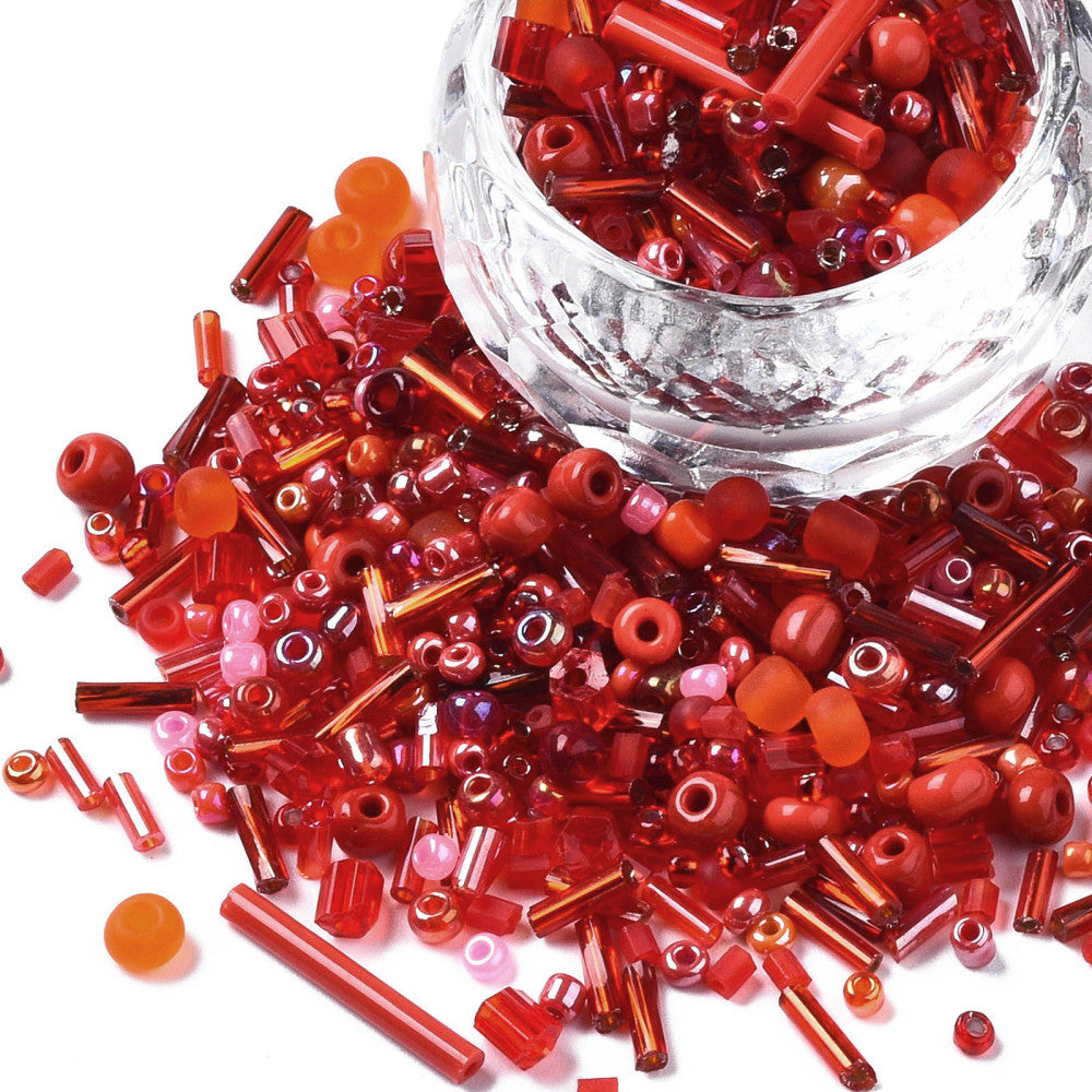 50g - 1kg Seed & bugle mixes - BERRY mix, 1mm~7mm glass beads - red, pink + more