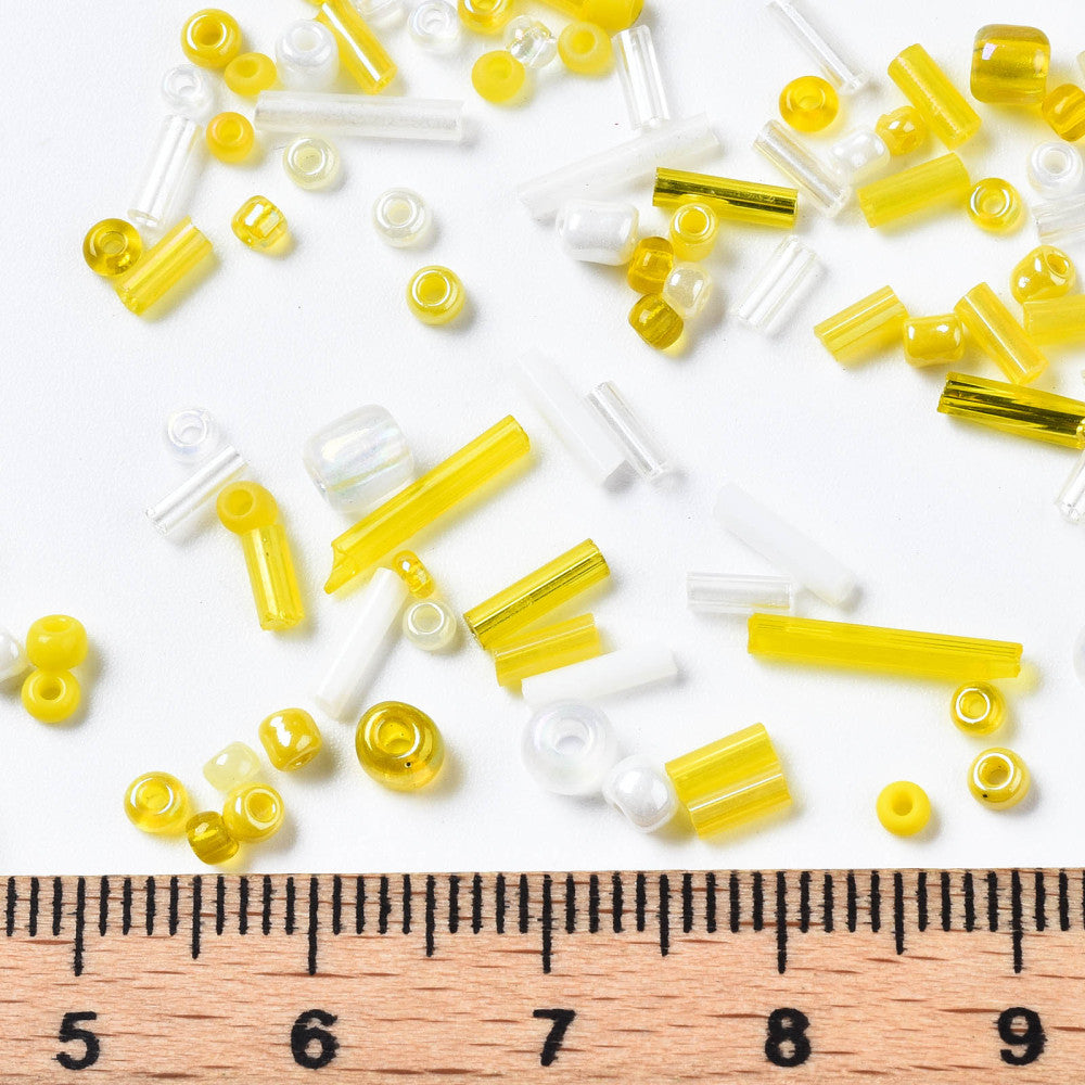 50g - 1kg Seed & bugle mixes - LEMON mix, 1mm~7mm glass beads - yellow, white, clear
