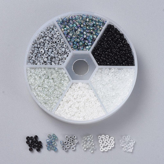 2mm seed bead selection box - black / white / grey, assorted styles and finishes