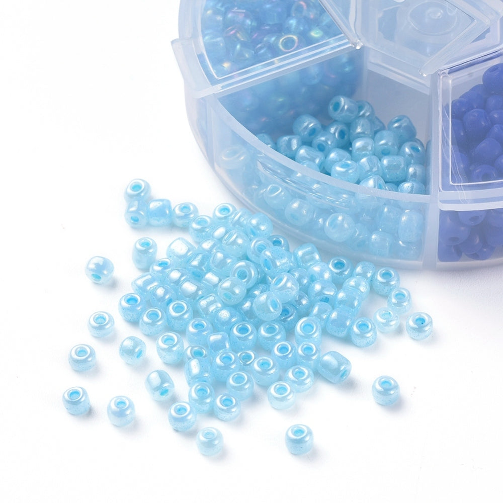 4mm seed bead selection box - blue, assorted styles and finishes