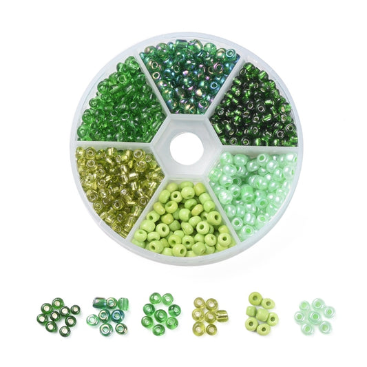 4mm seed bead selection box - greens, assorted styles and finishes