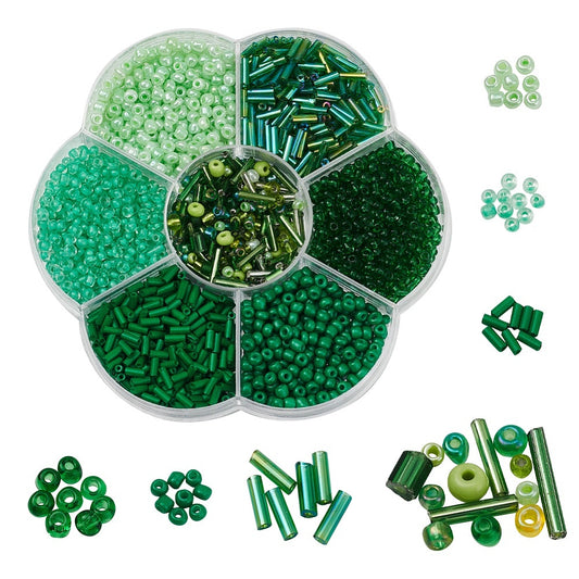 Green seed & bugle bead selection box - assorted sizes, styles & finishes