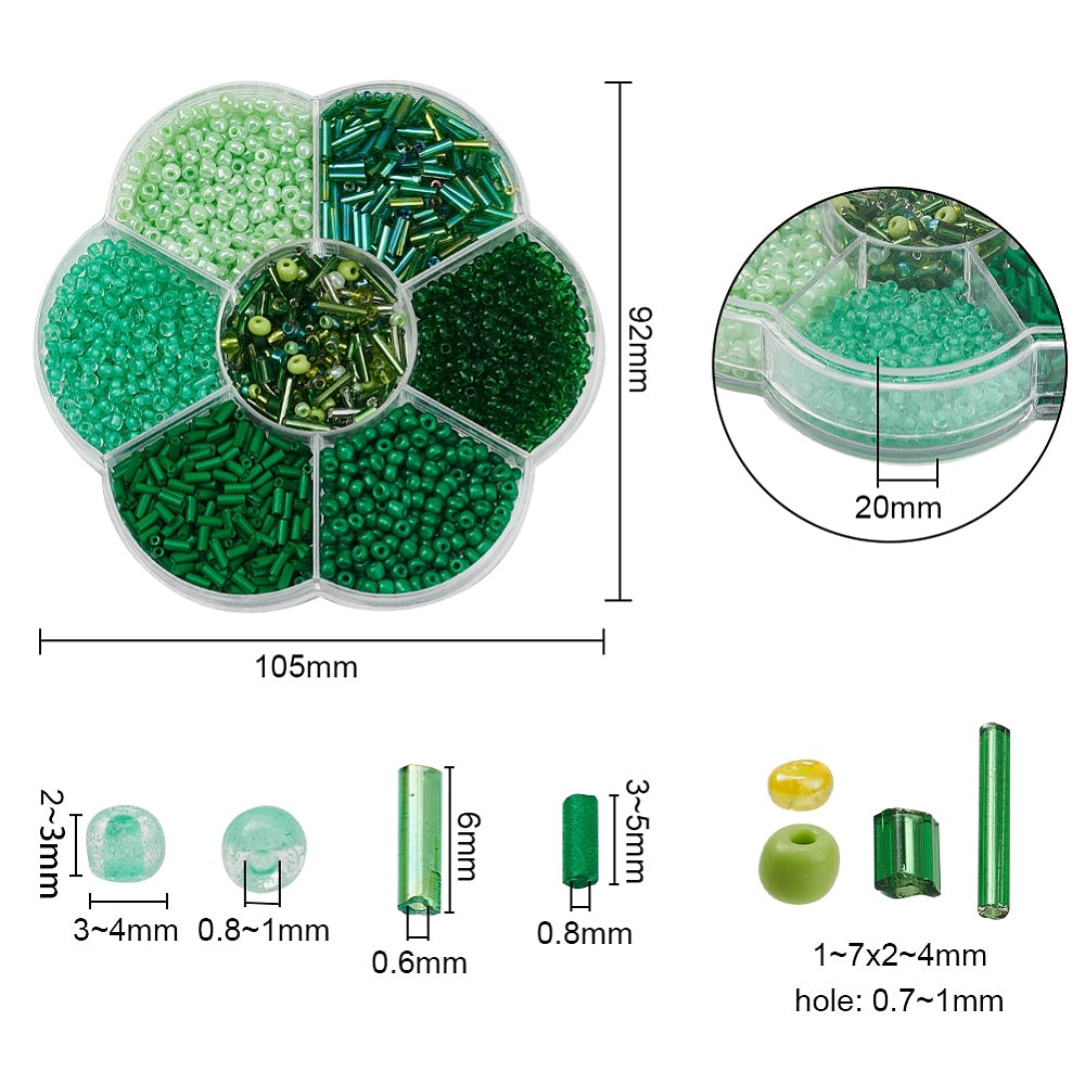 Green seed & bugle bead selection box - assorted sizes, styles & finishes