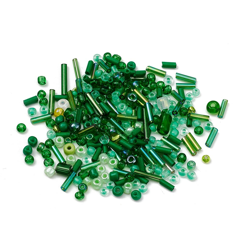 Green seed & bugle bead selection box - assorted sizes, styles & finishes