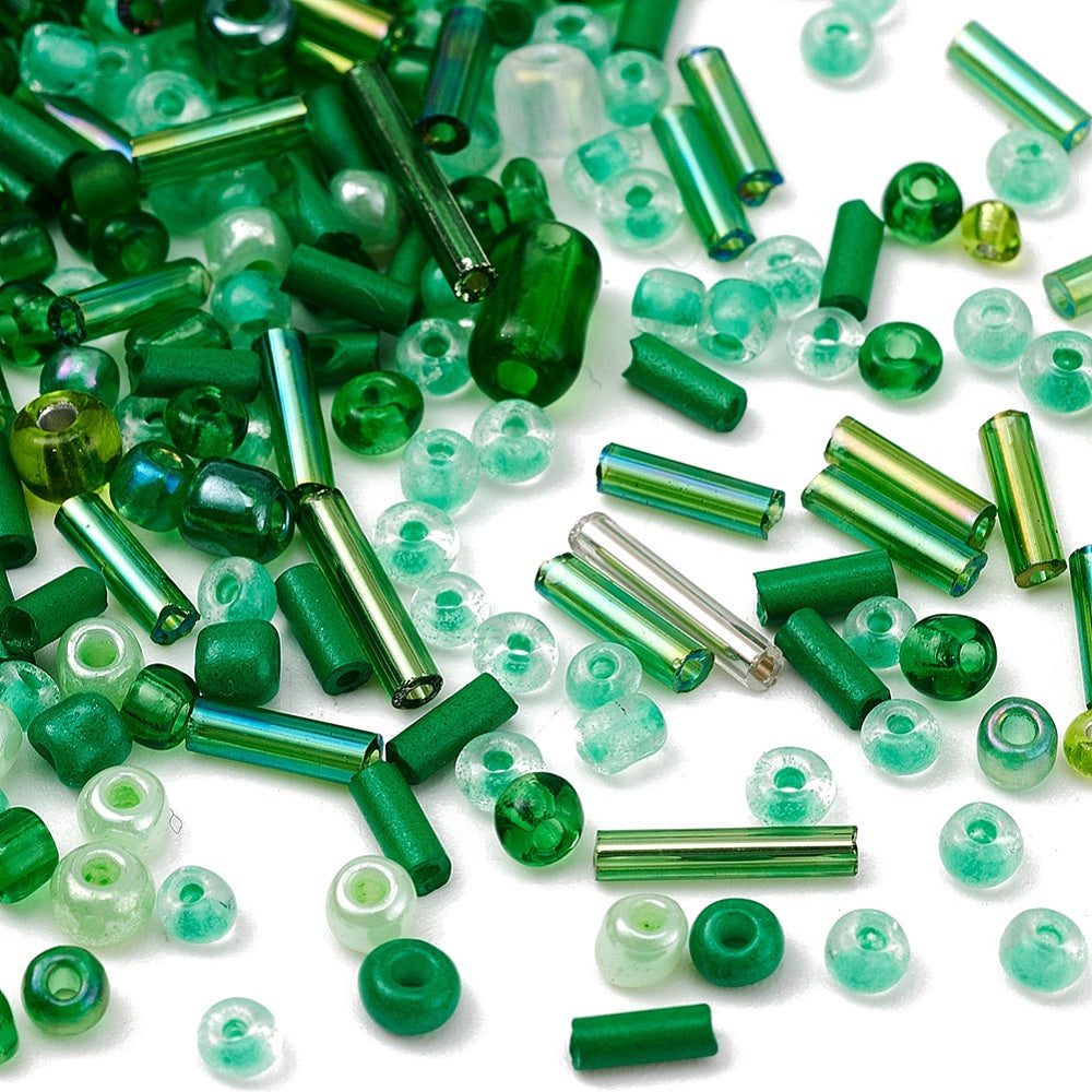 Green seed & bugle bead selection box - assorted sizes, styles & finishes