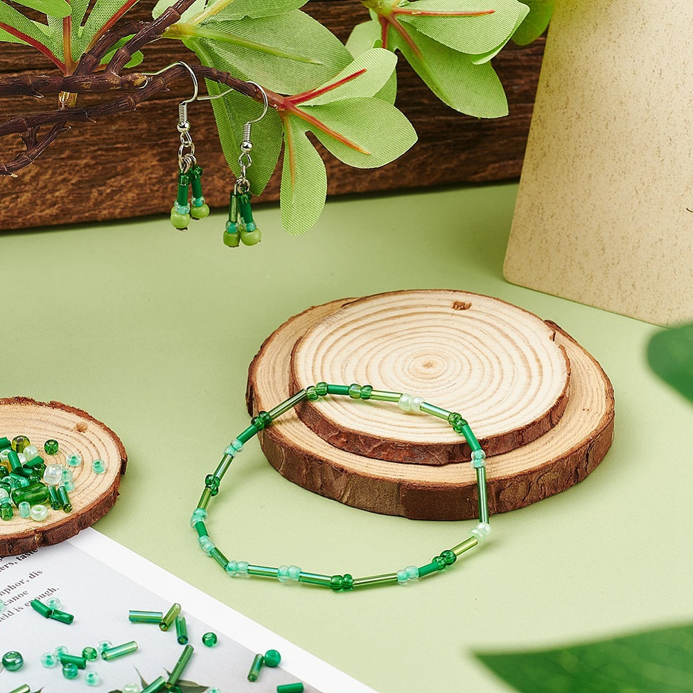 Green seed & bugle bead selection box - assorted sizes, styles & finishes