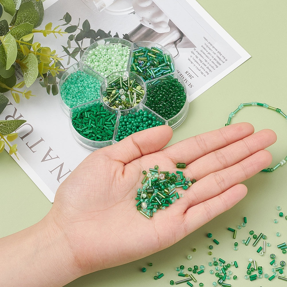 Green seed & bugle bead selection box - assorted sizes, styles & finishes
