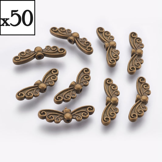 50pcs angel / fairy wing spacer beads, 22mm x 7mm - Antique bronze tone metal