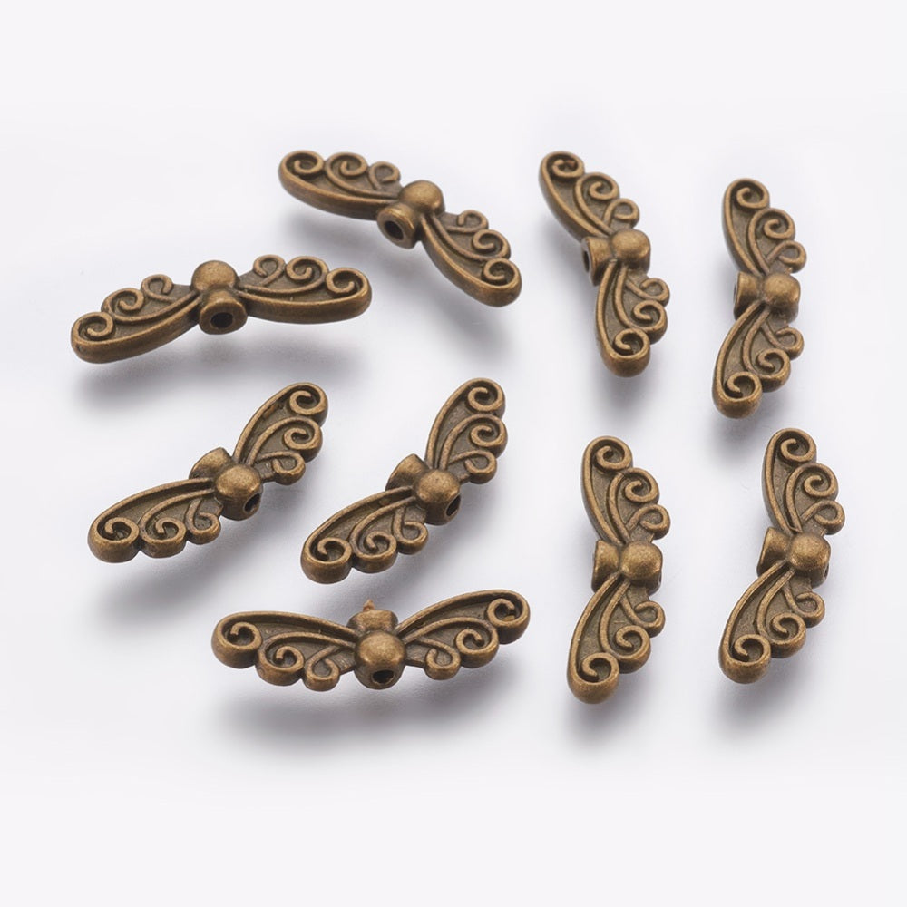 50pcs angel / fairy wing spacer beads, 22mm x 7mm - Antique bronze tone metal