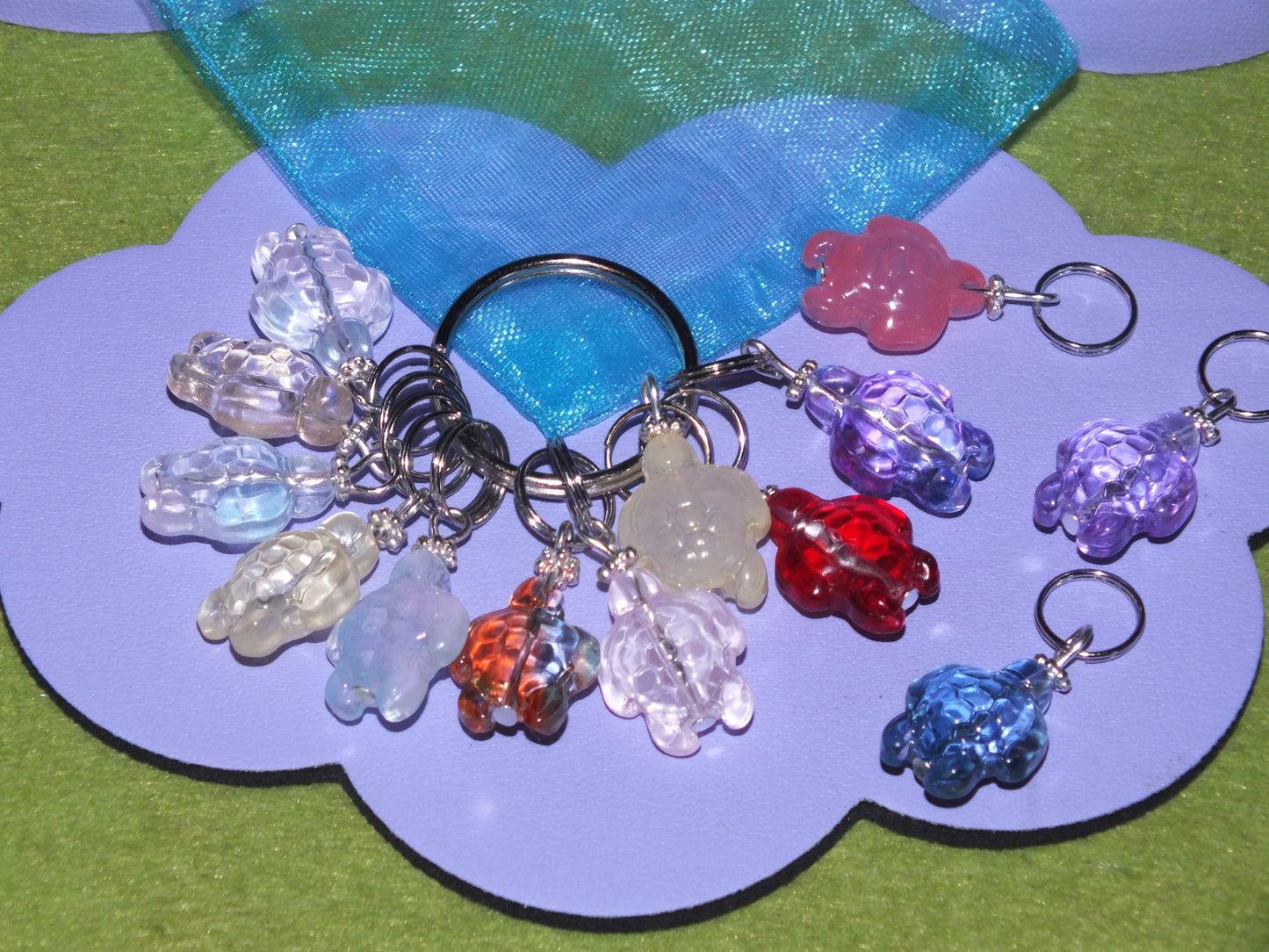 10 Glass turtle knitting stitch markers mix, on split rings with a keyring.