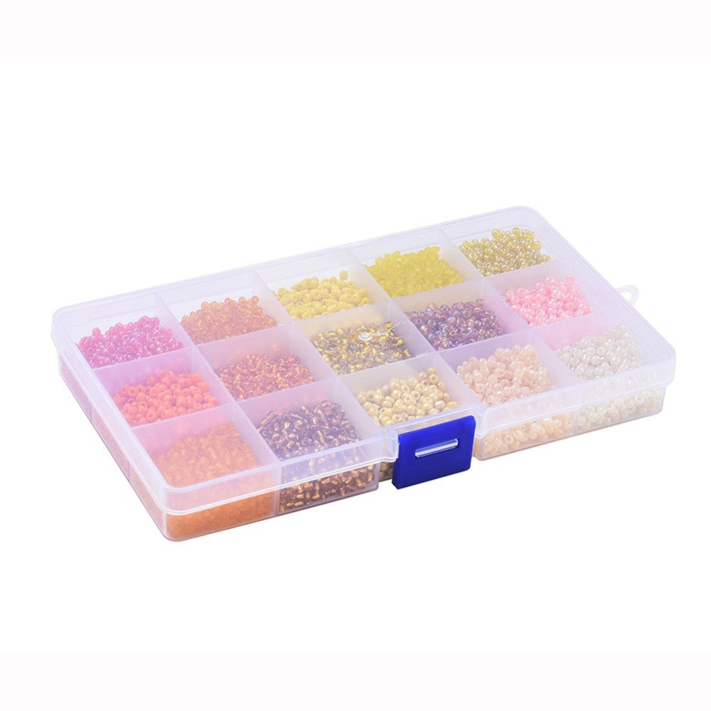 180g box of yellow / orange 3mm seed beads, 15 shades - pearlised, frosted, opaque, translucent, silver lined finishes.