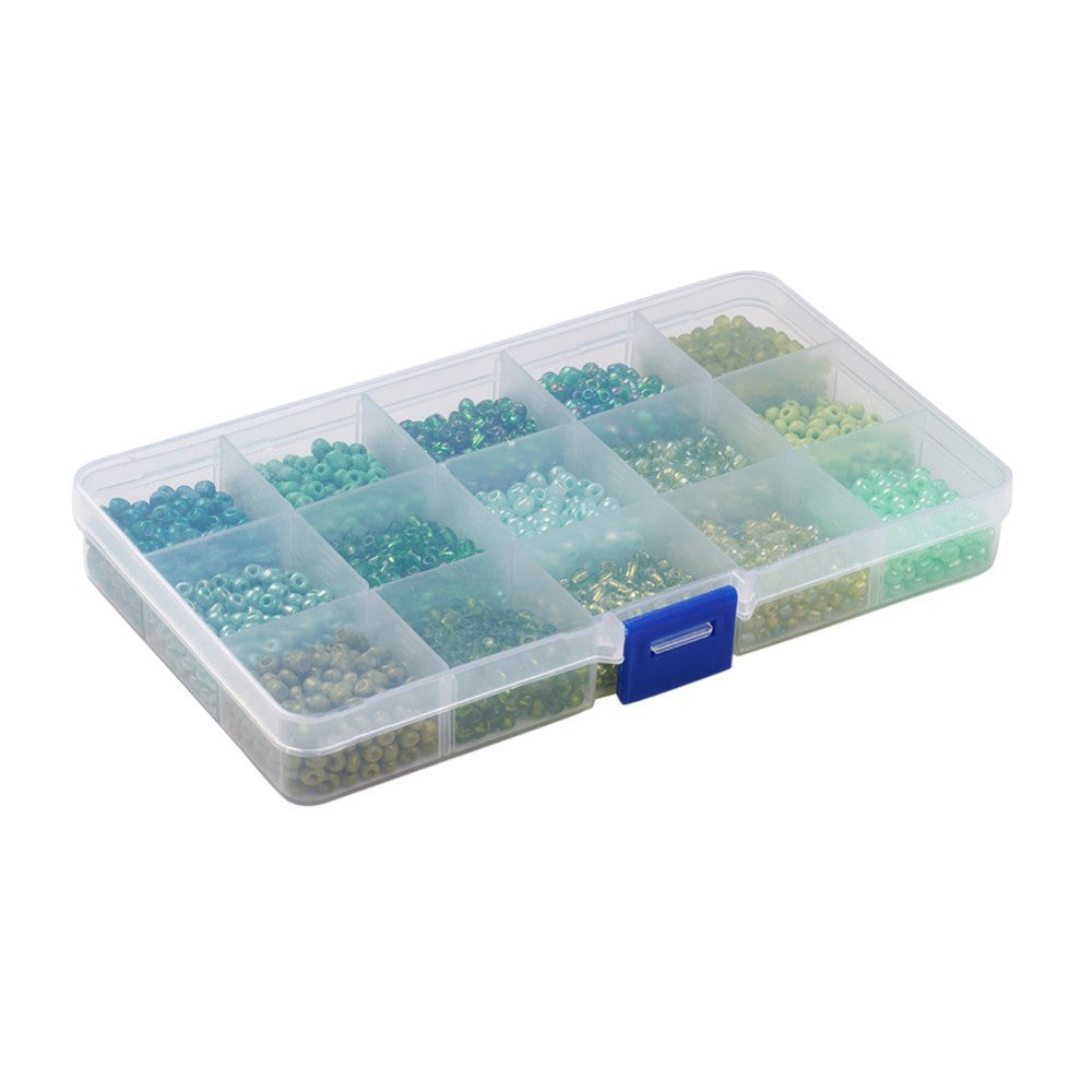 180g box of green 4mm seed beads, 15 shades - pearlised, frosted, opaque, translucent, silver lined finishes.