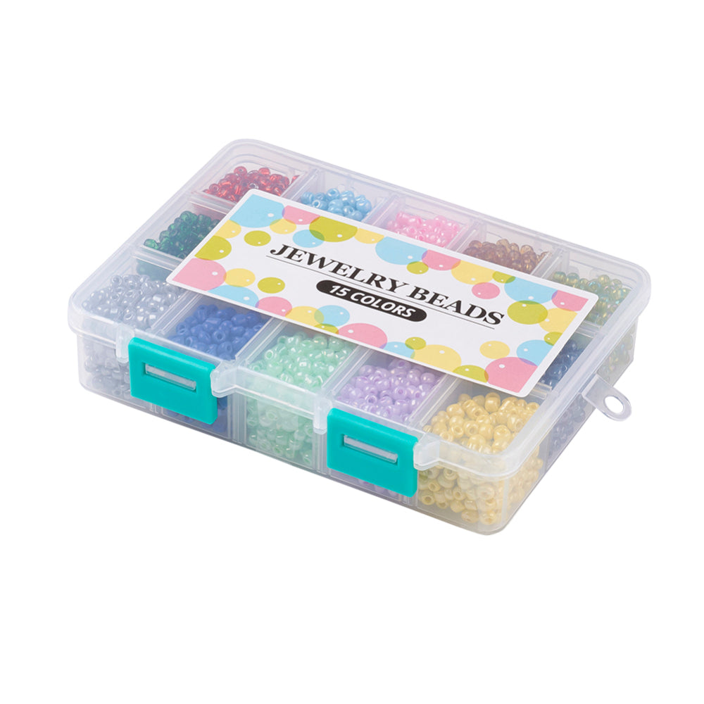 5850pcs box 15 colours of 4mm mixed seed beads. 390pcs per colour - pearlised, translucent, opaque, silver lined, rainbow finish.