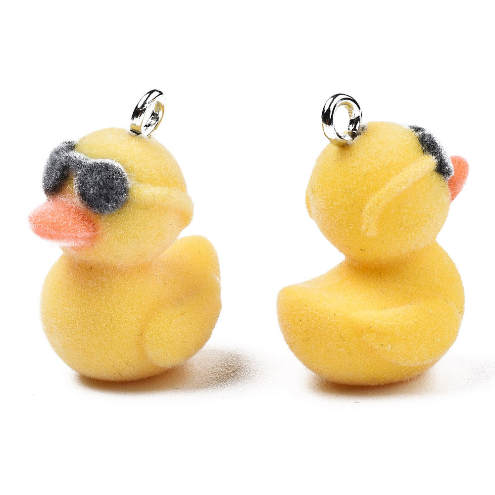 Pair of beautiful fuzzy flocked duck charms on large keyrings