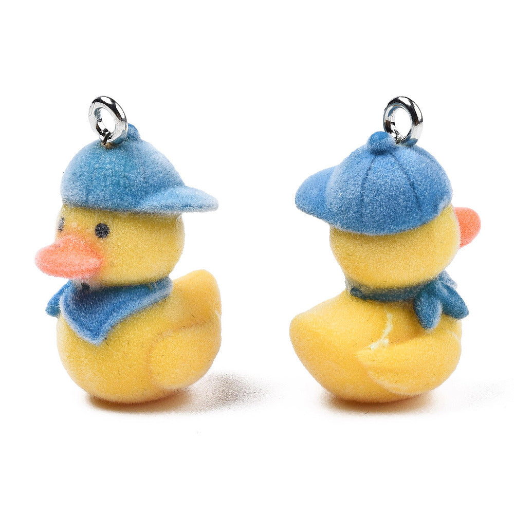 Pair of beautiful fuzzy flocked duck charms on large keyrings