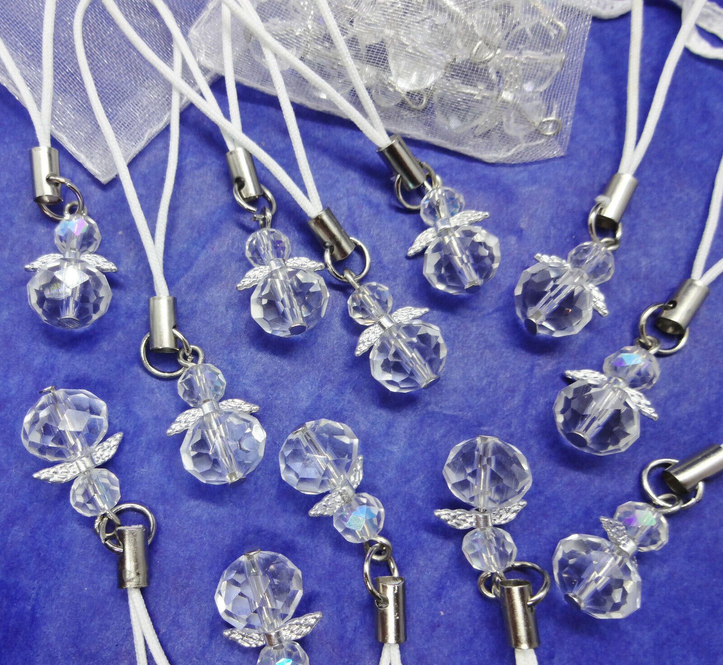 Faceted glass angel charms (12-24pcs, plain, on clasps or lanyards)