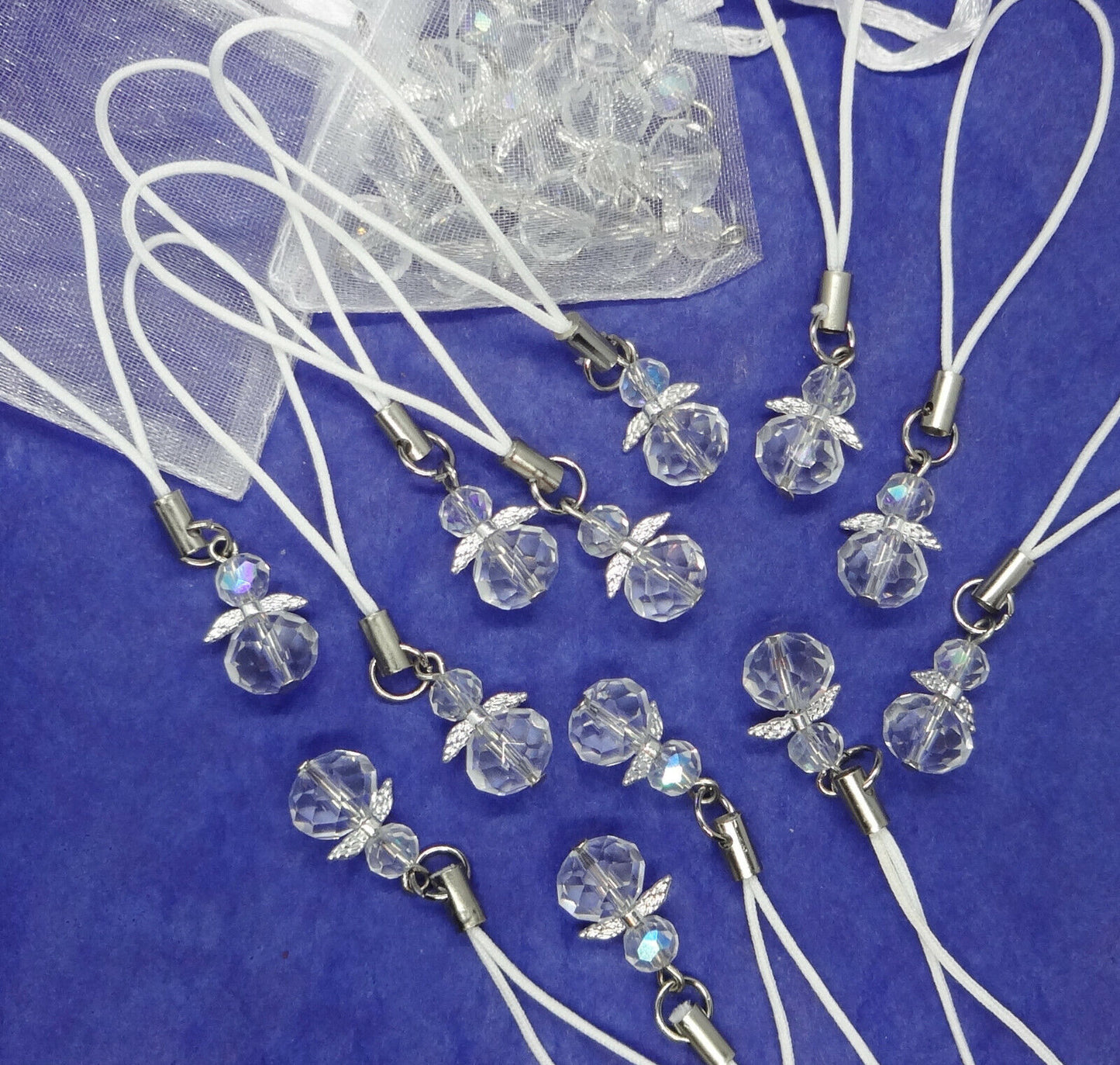 Faceted glass angel charms (12-24pcs, plain, on clasps or lanyards)