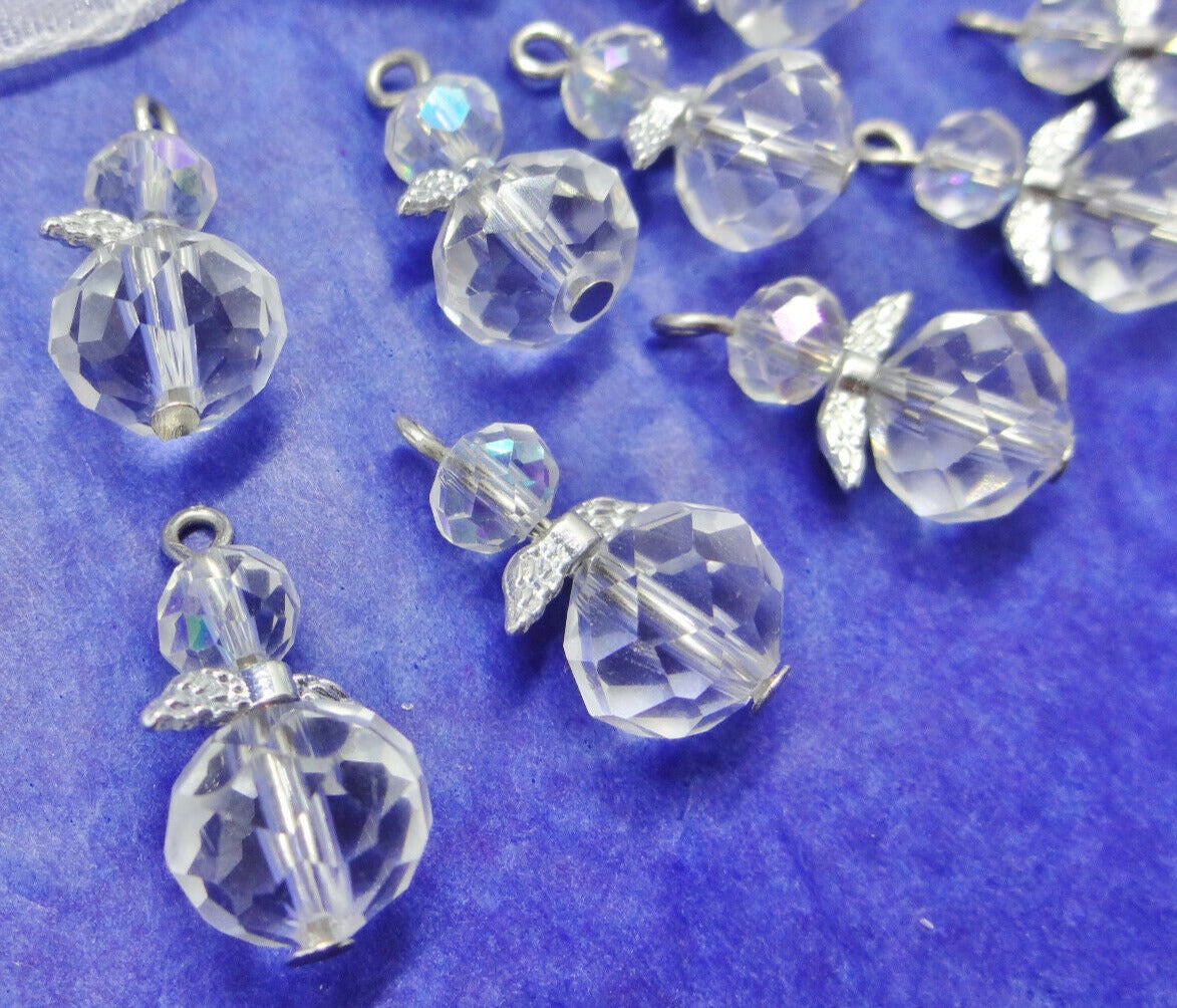 Faceted glass angel charms (12-24pcs, plain, on clasps or lanyards)