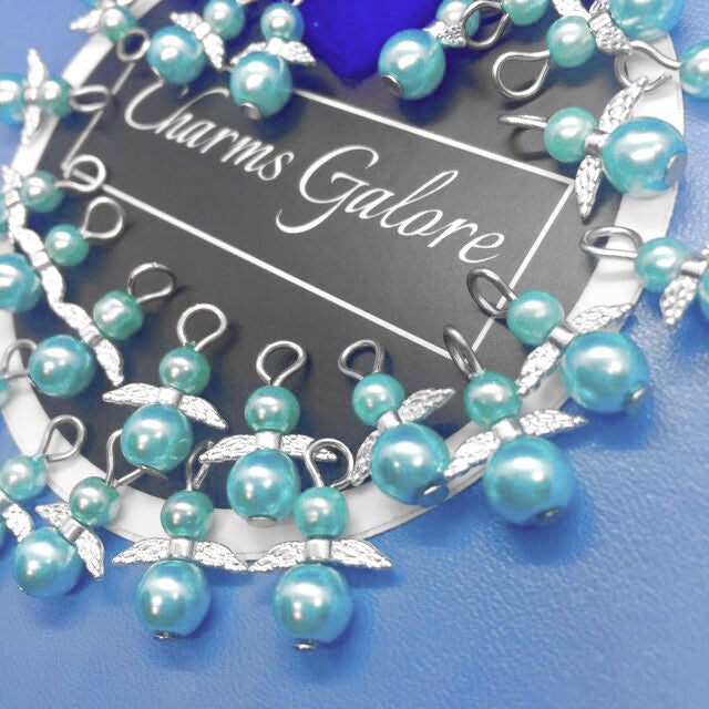 Blue pearl angel charms (24pcs, plain, on clasps or lanyards)