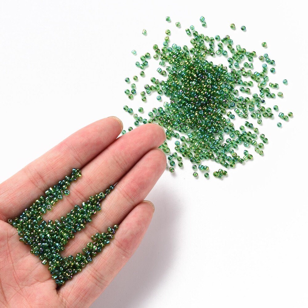 2mm translucent rainbow finish green glass seed beads, 50g
