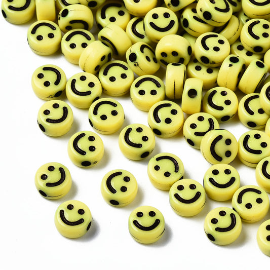 200pcs smiling face flat round bead, 7mm, yellow