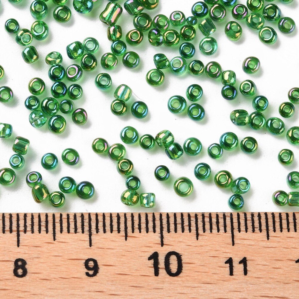 2mm translucent rainbow finish green glass seed beads, 50g