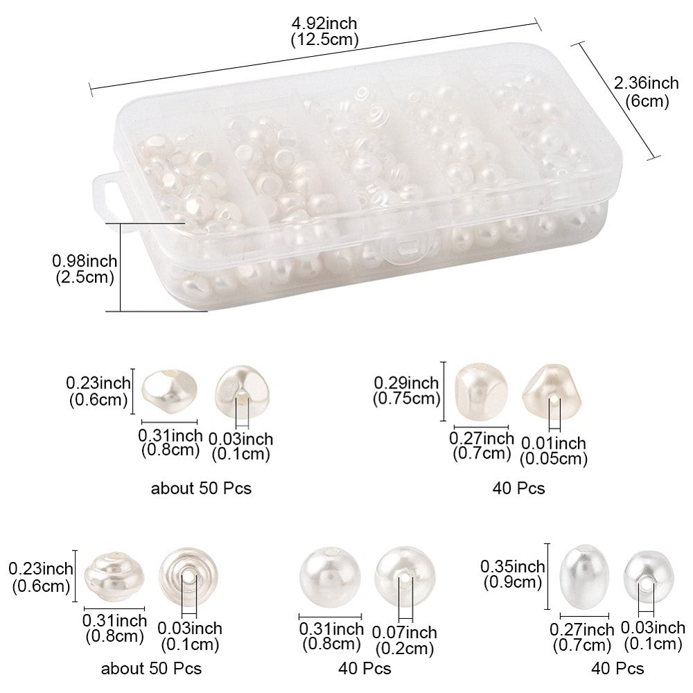 220pcs white pearl mixed shape beads, acrylic 7.5mm - 9mm , in a plastic storage box