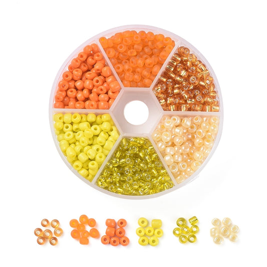 4mm seed bead selection box - orange / yellow, assorted styles and finishes