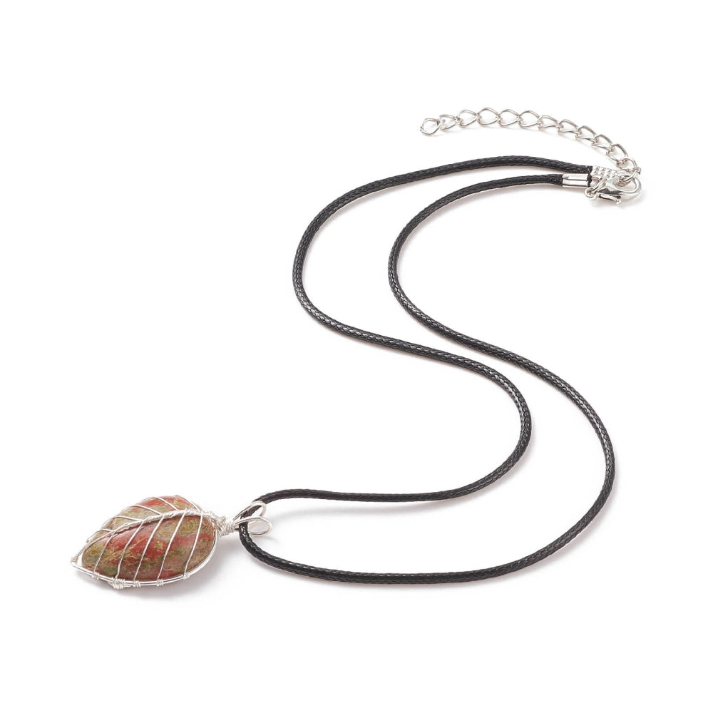Natural unakite teardrop pendant necklace, waxed cord apx. 17.3" plus extender