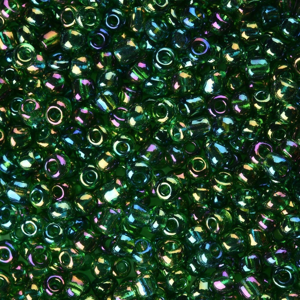 2mm translucent rainbow finish green glass seed beads, 50g