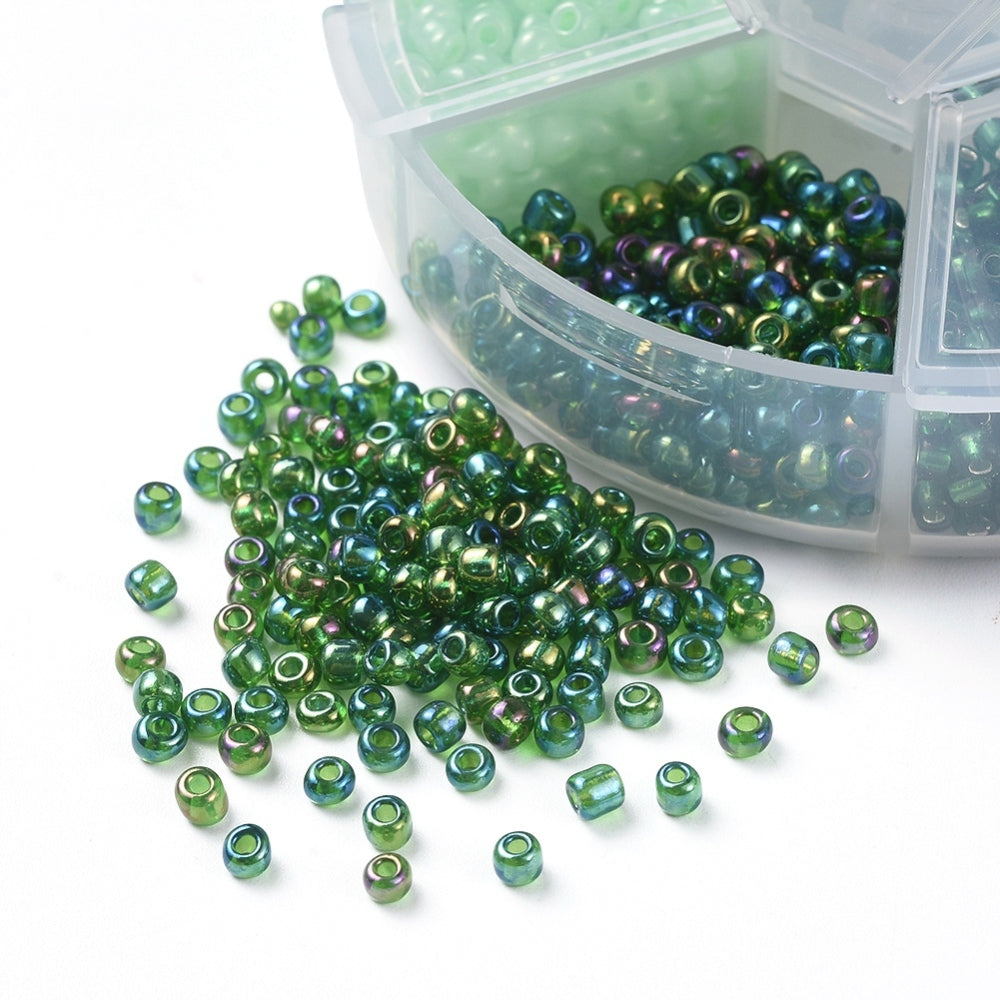 3mm seed bead selection box - green, assorted styles and finishes