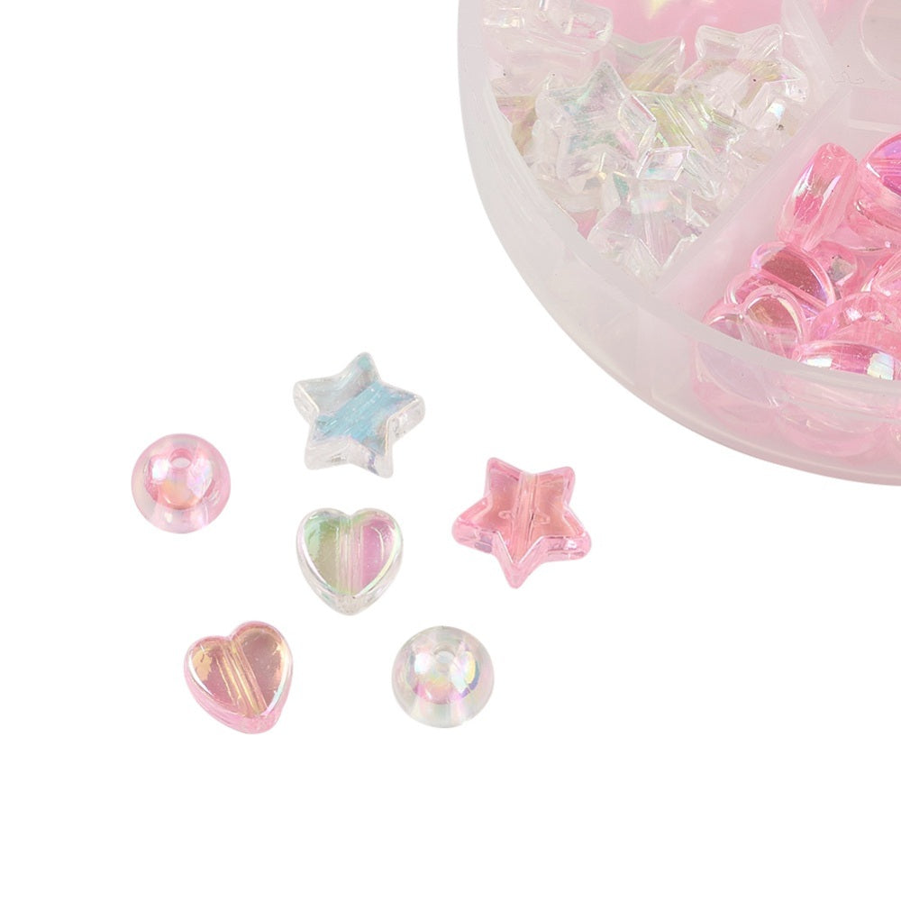 Pink & clear selection box of hearts, stars & round beads, 8mm - 10mm