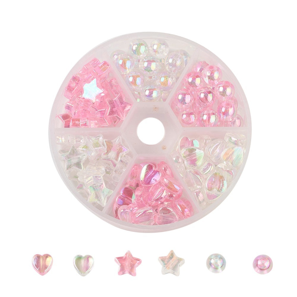 Pink & clear selection box of hearts, stars & round beads, 8mm - 10mm