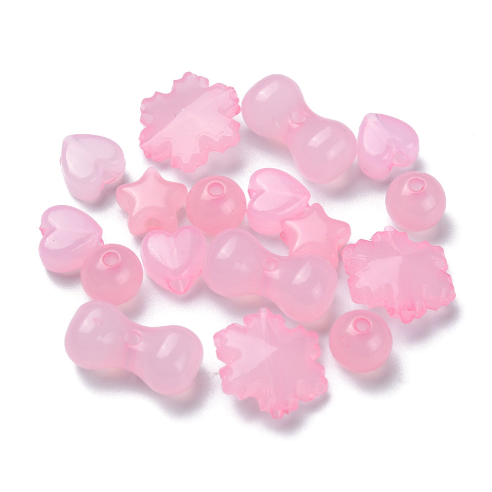 149pcs pink jelly mixed shape beads, acrylic gearts, bone, star, snowflake, round 8mm - 15mm.