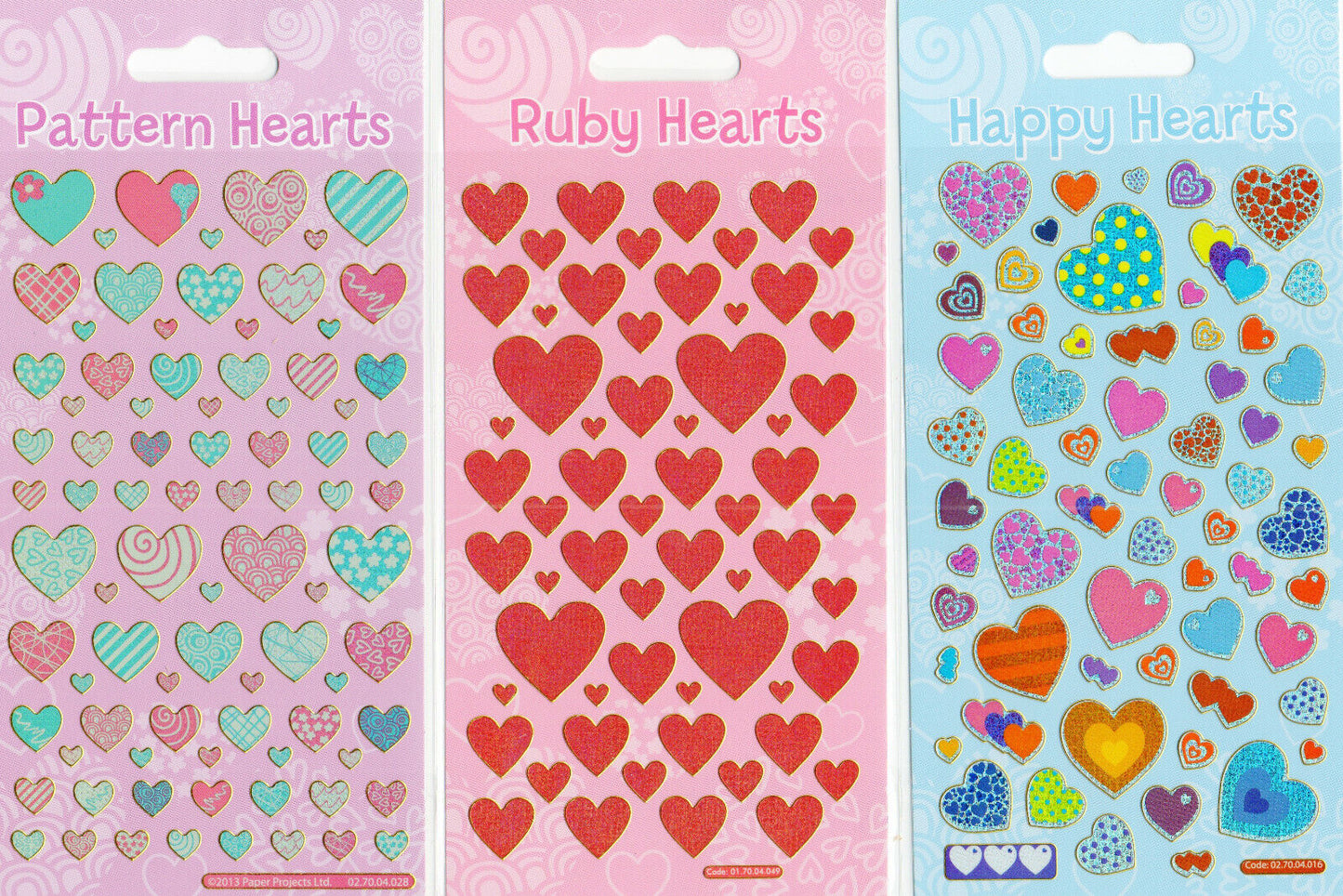 Glittery heart stickers, single sheets or mixed packs of various pretty patterns.