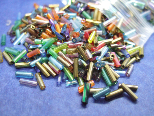 Iridescent mix 6-8mm glass bugle beads, 50g