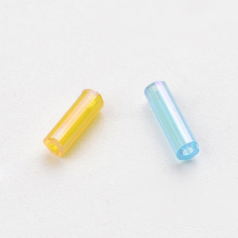 Iridescent mix 6-8mm glass bugle beads, 50g