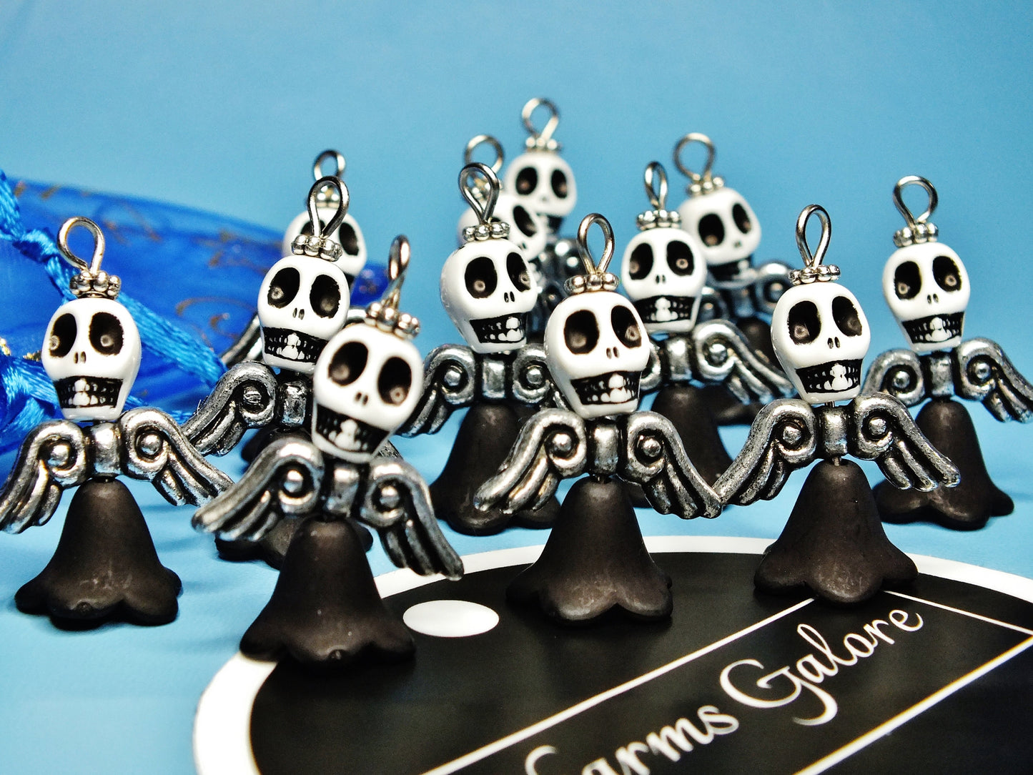 Halloween skull angel charms (12-50pcs, handmade, plain, on clasps or lanyards)