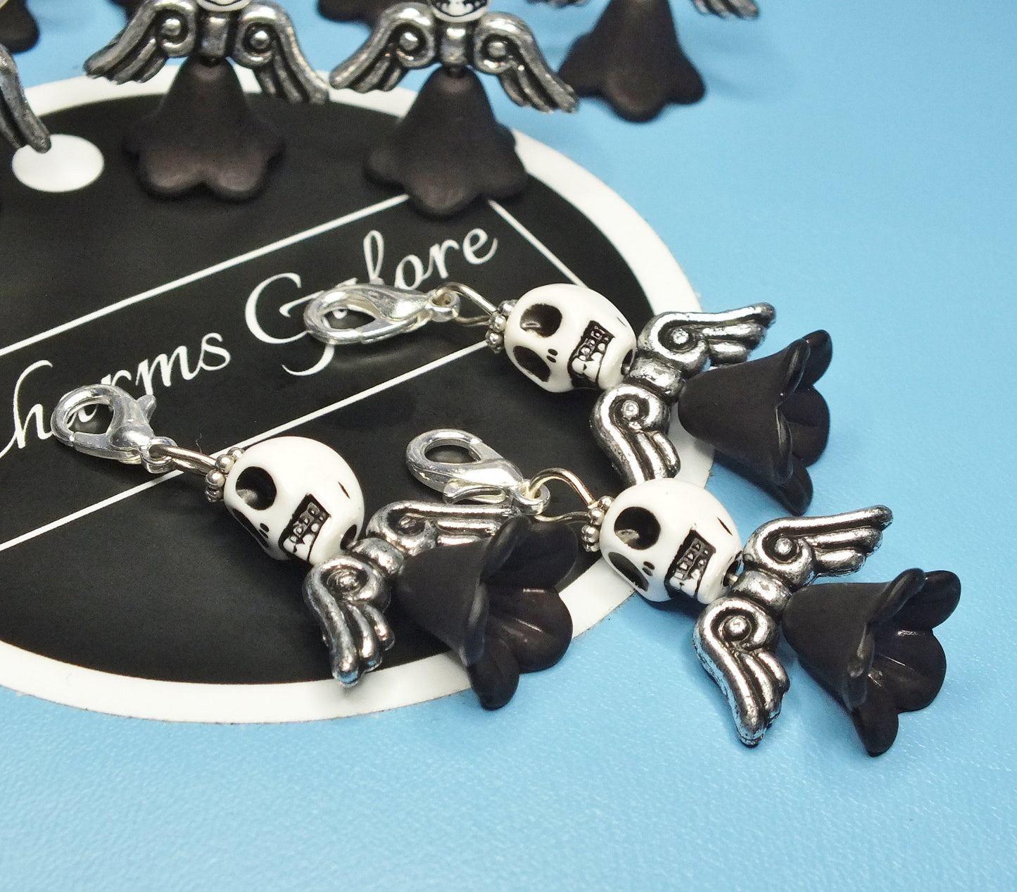 Halloween skull angel charms (12-50pcs, handmade, plain, on clasps or lanyards)