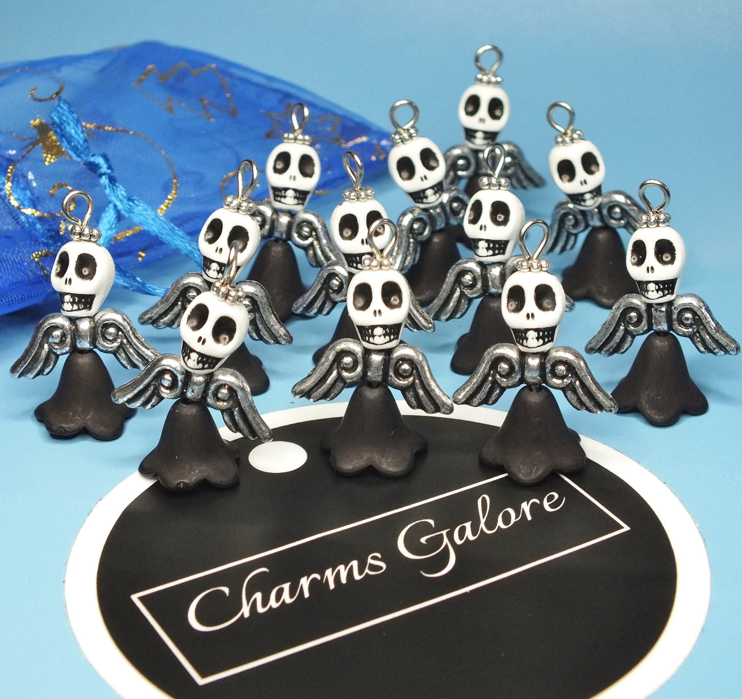 Halloween skull angel charms (12-50pcs, handmade, plain, on clasps or lanyards)